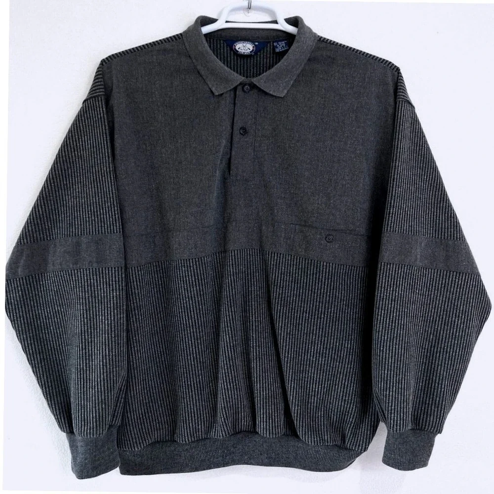 Vintage 90s Knightsbridge Men's 1X Gray Ribbed Knit Pullover Polo Sweater Retro